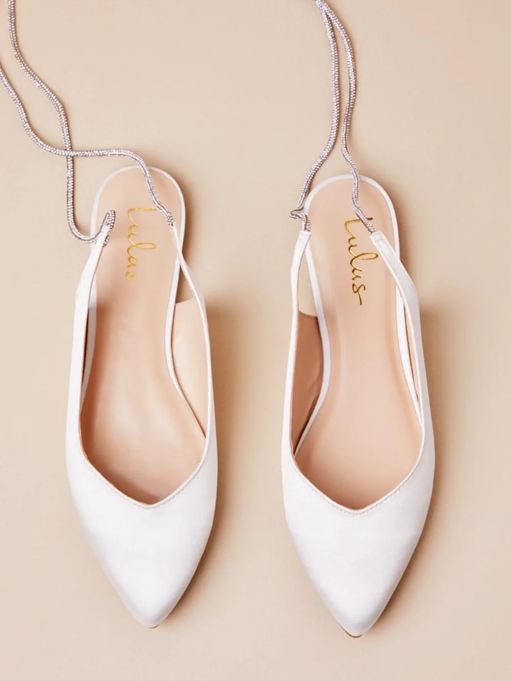 Lulu's Finnian White Satin Rhinestone Lace-Up Pointed Toe Flats